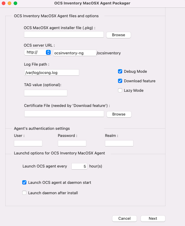 Mac OSX packager configuration window